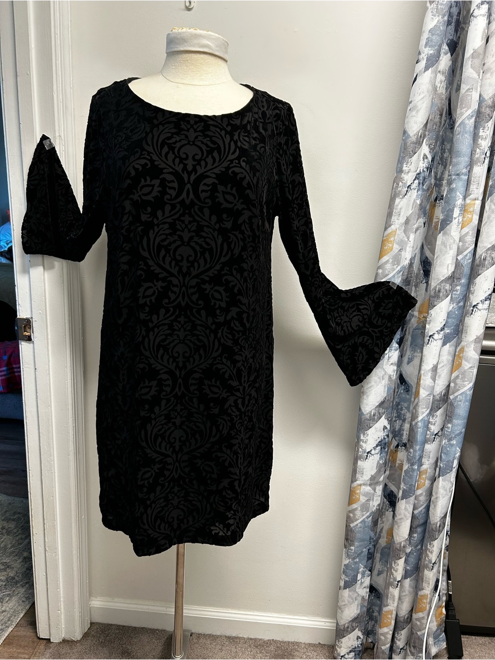 Black Velvet Burnout Bell-Sleeve Dress